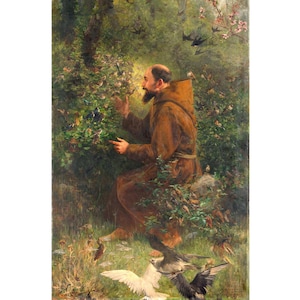 Saint Francis and The Birds painting, St Francis of Assisi art print, Patron Saint of Animals, Vintage Religious Icon, Nature wall art