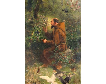Saint Francis and The Birds painting, St Francis of Assisi art print, Patron Saint of Animals, Vintage Religious Icon, Nature wall art