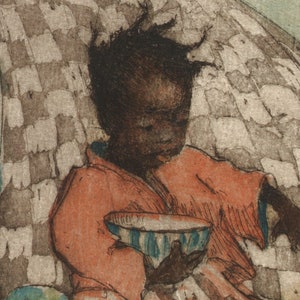 May include: A young child with dark skin and dark hair sits in a chair with a checkered pattern. The child is wearing a red shirt and holding a blue and white striped bowl.
