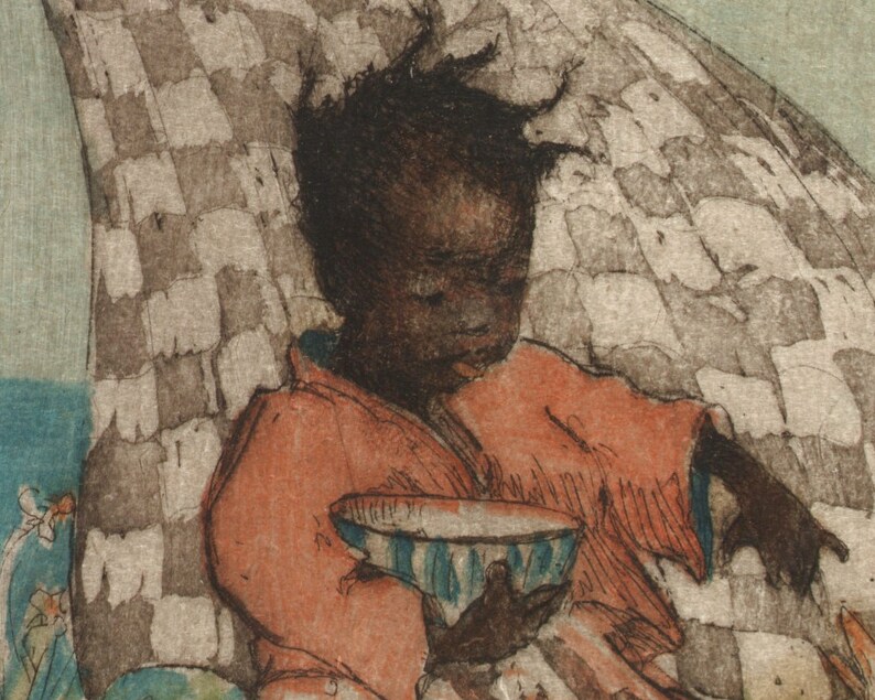 May include: A young child with dark skin and dark hair sits in a chair with a checkered pattern. The child is wearing a red shirt and holding a blue and white striped bowl.