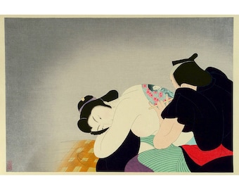 Japanese tattooed lady painting, Vintage tattoo art print, Asian woman with tattoos, Tattoo artist, Tattoo shop decor, Tattooing wall art