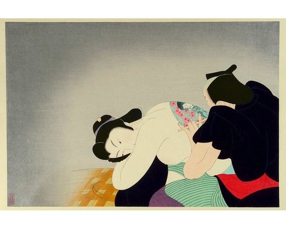 Japanese tattooed lady painting, Vintage tattoo art print, Asian woman with tattoos, Tattoo artist, Tattoo shop decor, Tattooing wall art