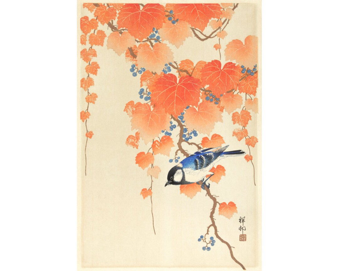Vintage Songbird Art Print, Autumn Leaves Painting, Bluebird