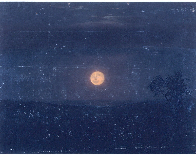 Vintage moon painting, Moonlight art print, Antique celestial wall art, Night sky, Blue, Old moon art, Frederic Edwin Church, 19th century image 5