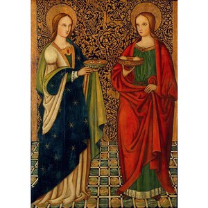May include: Two women in medieval clothing stand against a gold background. The woman on the left holds a bowl with a white substance, while the woman on the right holds a bowl with fruit. Both women wear halos.
