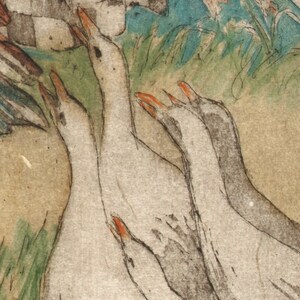 May include: A close-up of a vintage woodblock print depicting four white geese with orange beaks. The geese are arranged in a line, with their heads tilted up and their necks stretched out. The background is a soft green and blue, with hints of brown and white.