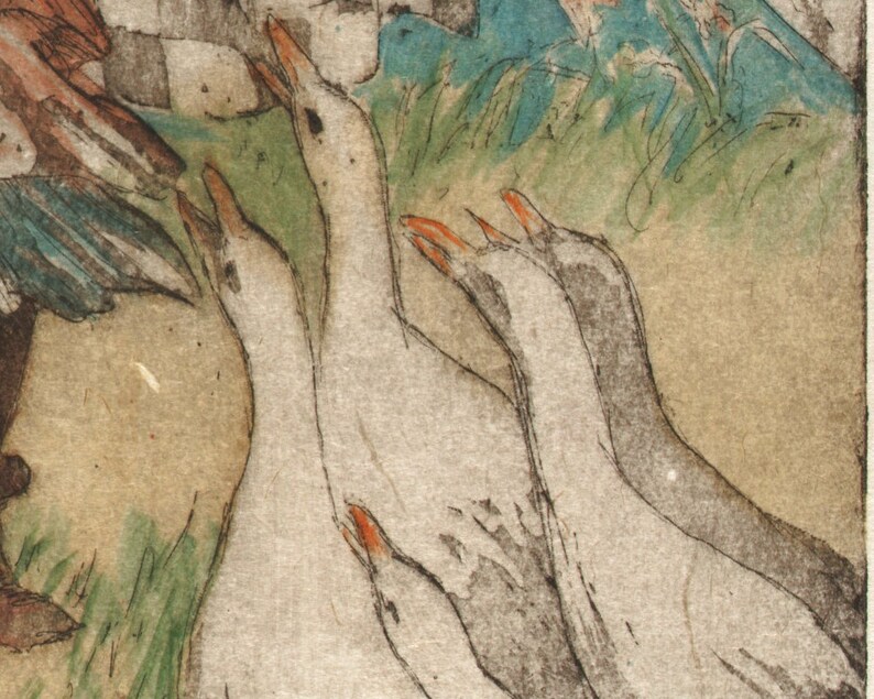 May include: A close-up of a vintage woodblock print depicting four white geese with orange beaks. The geese are arranged in a line, with their heads tilted up and their necks stretched out. The background is a soft green and blue, with hints of brown and white.
