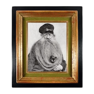 Old man with cat in his beard vintage photograph art print, Weird antique photography, Strange old photo, Black kitten, Salty Fisherman