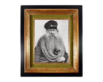Old man with cat in his beard vintage photograph art print, Weird antique photography, Strange old photo, Black kitten, Salty Fisherman