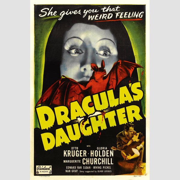 Vintage horror movie poster, Dracula's Daughter, Vamp art print, Goth girl, Gothic wall art, Dark art, Vampire, Pulp, B movie, Cult classic