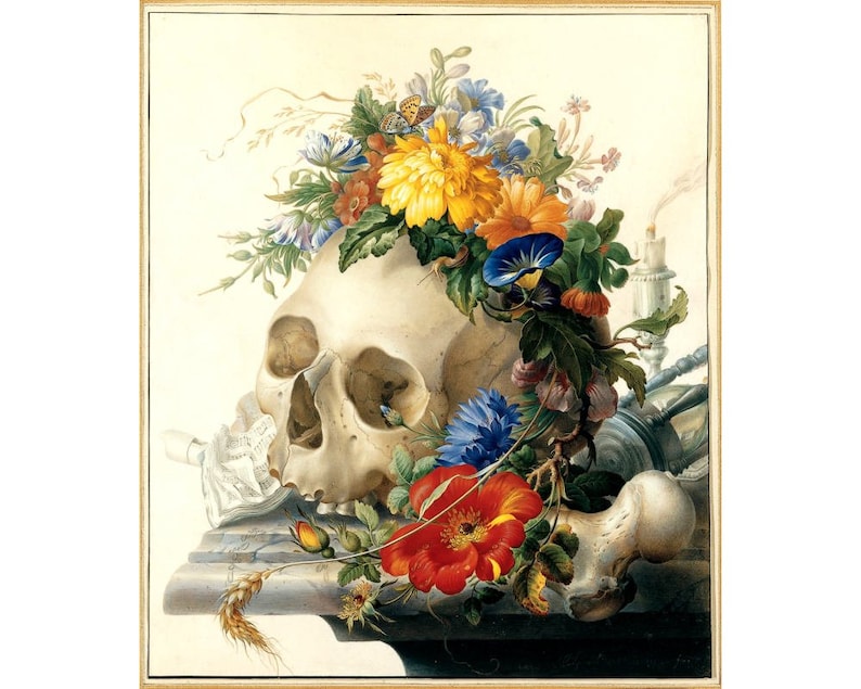 May include: A still life painting featuring a human skull adorned with a colorful floral wreath. The skull rests on a stone ledge with a bone and a piece of paper. The flowers include yellow, red, blue, and white blooms.