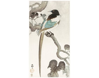 Japanese magpie painting, Vintage bird wall art, Nature art, Ohara Koson art print, Antique wildlife art, Asian scroll, Woodblock print