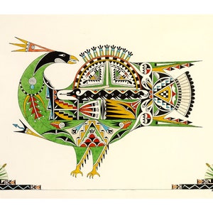 May include: A colorful, stylized illustration of a bird with geometric patterns in shades of green, yellow, red, black, and white. The bird is depicted with a large, fan-like tail and a crown on its head.