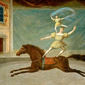 Circus acrobats art print, Vintage horse wall art, Mounted acrobat, Fantasy, Magical, Art for children, Antique American folk art painting