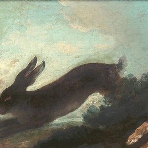 May include: A painting of two brown rabbits, one leaping in the air and the other sitting on the ground. The background is a light blue sky with white clouds.