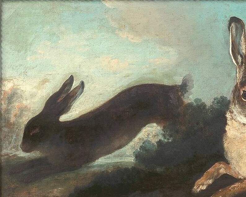 May include: A painting of two brown rabbits, one leaping in the air and the other sitting on the ground. The background is a light blue sky with white clouds.