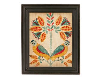 Antique owls painting art print, American folk art fraktur drawing, Vintage owl wall art, Primitive Americana decor, Colorful animal art