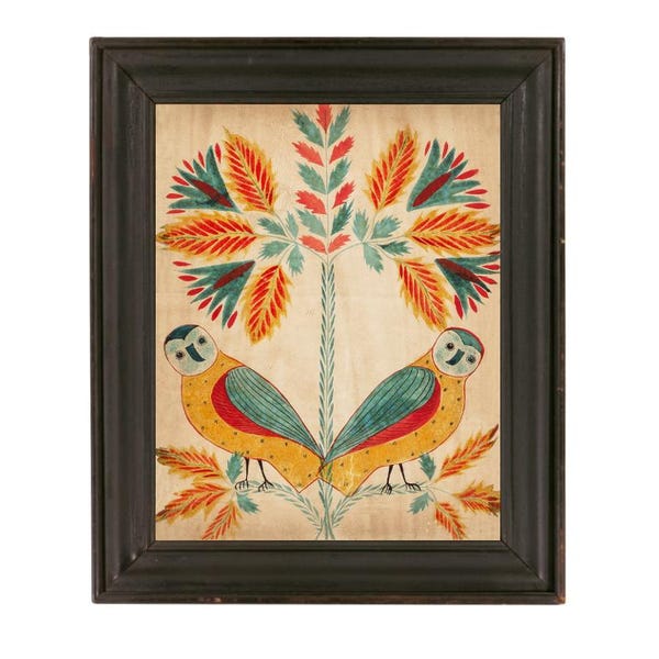 Antique owls painting art print, American folk art fraktur drawing, Vintage owl wall art, Primitive Americana decor, Colorful animal art