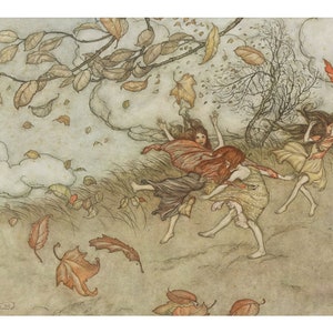 Autumn Fairies art print, Arthur Rackham illustration, Vintage woodland decor, Fairy tale painting, Fall leaves wall art, Little girls