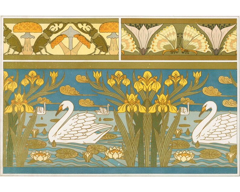 Swans art print, Art nouveau wall art, Art nouveau print, Swans swimming, Horned beetles, Moths, Mushrooms, Toadstools, Iris flowers, Pond bild 1