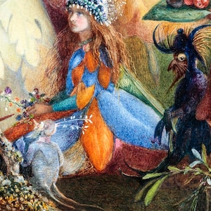 May include: A watercolor painting of a fairy tale scene with a young woman wearing a blue dress and a flower crown, a small bird, and a dark, winged creature. The woman is holding a branch with flowers and the creature has a large, expressive eye.