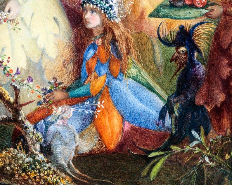 May include: A watercolor painting of a fairy tale scene with a young woman wearing a blue dress and a flower crown, a small bird, and a dark, winged creature. The woman is holding a branch with flowers and the creature has a large, expressive eye.