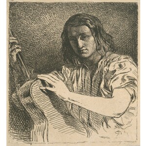 May include: An etching shows a person with long hair, looking down. The person's arm rests on an object, and their hand is placed on the object. The image is in shades of brown and beige, with cross-hatching adding depth and texture to the artwork.