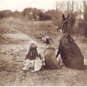 Friends, Antique animal photography art print, Little girl, dog, and mule, Vintage animals photo, Pets wall art, Farm, Sepia photograph