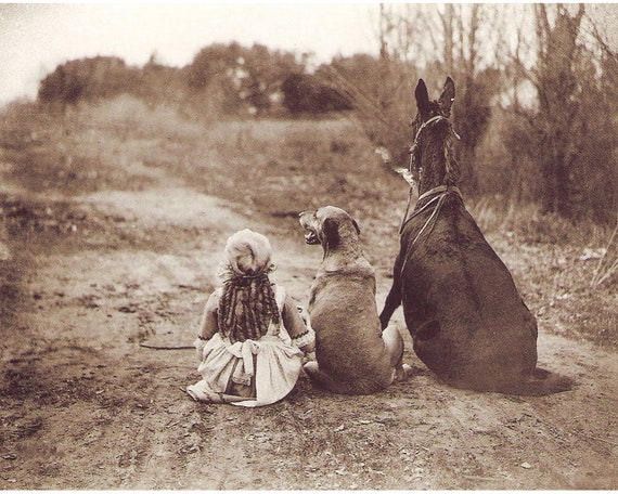 Friends, Antique Animal Photography Art Print, Little Girl, Dog