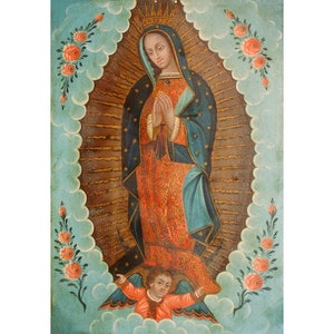 Our Lady of Guadalupe print, Mexican folk art oil painting, Vintage Virgin Mary, Antique Retablo, Devotional, Religious icon wall art