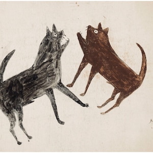 Bill Traylor fighting dogs painting, Dog fight, Folk drawing, Outsider art print, Naive art, Vintage animal wall art, Self-taught artist