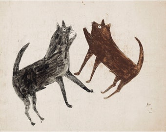 Pintura de perros de pelea de Bill Traylor, pelea de perros, dibujo popular, impresión de arte marginal, arte naif, arte mural vintage de animales, artista autodidacta
