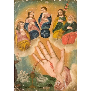 Antique religious retablo art print, Mexican folk art painting, Vintage Mexico wall art, Catholic art, All powerful hand, Mano Poderosa