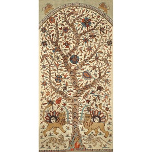 Persian tree of life art print, Antique Ketubah, Iranian lions painting, Iran folk art, Birds, Sun, Chintz flowers, Middle Eastern wall art