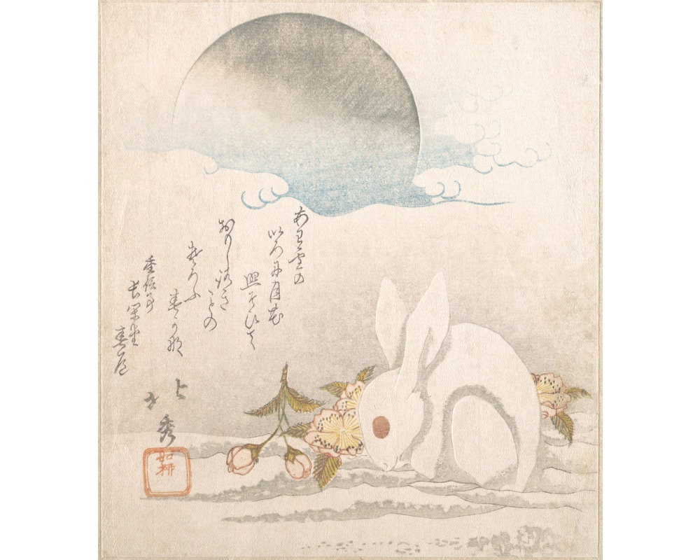 Japanese Rabbit Print, Rabbit and Full Moon, Rabbit in the