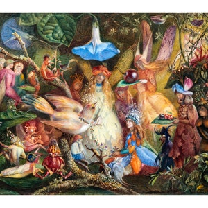 May include: A watercolor painting depicting a whimsical scene with fairies, a bird, and other fantastical creatures in a lush forest setting. The fairies are dressed in colorful gowns and have delicate wings. The bird is perched on a branch and has a bright yellow beak. The forest is filled with flowers and leaves.