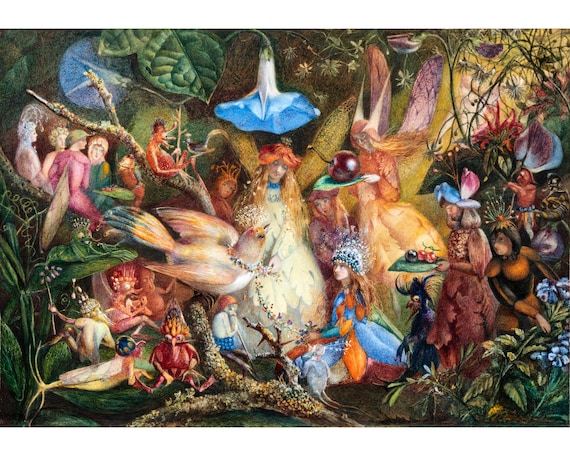 John Anster Fitzgerald fairy painting, Victorian fairies art print, The Fairies Favourite, Enchanted forest, Magical wall art, Bird, Flowers