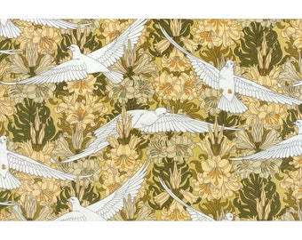 May include: A repeating pattern of white doves flying through a field of yellow lilies with green leaves. The background is a pale yellow colour.