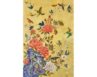 Flowers and Butterflies art print, Korean Minhwa painting, Colorful butterfly wall art, Antique folk art, Vintage Oriental decor, Nature art