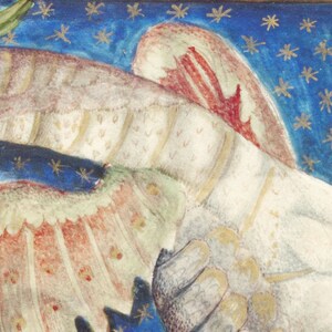 May include: A close-up of a painting depicting a white winged angel with red and pink feathers against a blue background with gold stars.