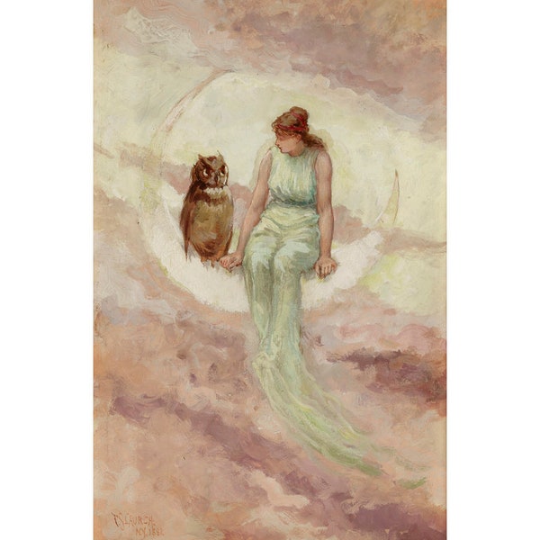 The Witch's Daughter, Frederick Stuart Church, Moon goddess painting, Woman on crescent moon, Vintage owl art print, Antique fairy tale art