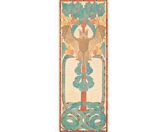 May include: A stylized illustration of a bat hanging from a tree with two snakes wrapped around the trunk. The tree has green leaves and orange fruit. The background is a light beige with a red and black border.