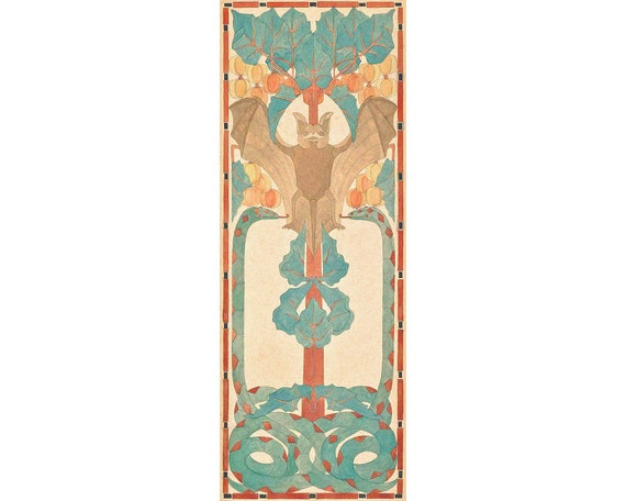 Vintage bat art print, Antique snakes design, Arts and crafts movement, Craftsman style wallpaper panel, Art nouveau animal wall art
