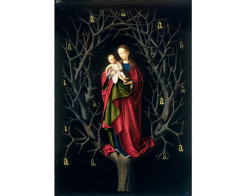 Pu&ograve; includere: Un dipinto della Vergine Maria che tiene in braccio il bambino Ges&ugrave;. Il dipinto &egrave; ambientato su uno sfondo scuro con un albero con rami spogli. I rami sono ricoperti di spine e l'albero &egrave; circondato da un'aureola di luce.