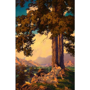 May include: A landscape painting featuring two figures resting under a large tree. The artwork depicts a serene scene with a mountain range in the background, bathed in warm sunlight. The figures are dressed in light-colored clothing.