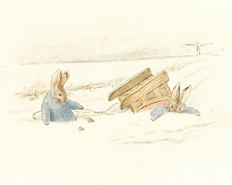 May include: Two brown rabbits are in the snow. One rabbit is sitting in the snow and the other rabbit is lying on its stomach with a wooden sled on top of it.