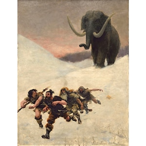 Cavemen and Woolly Mammoth art print, Vintage Woolly Mammoth painting, Caveman wall art, Man cave art, Prehistoric illustration, Paul Jamin
