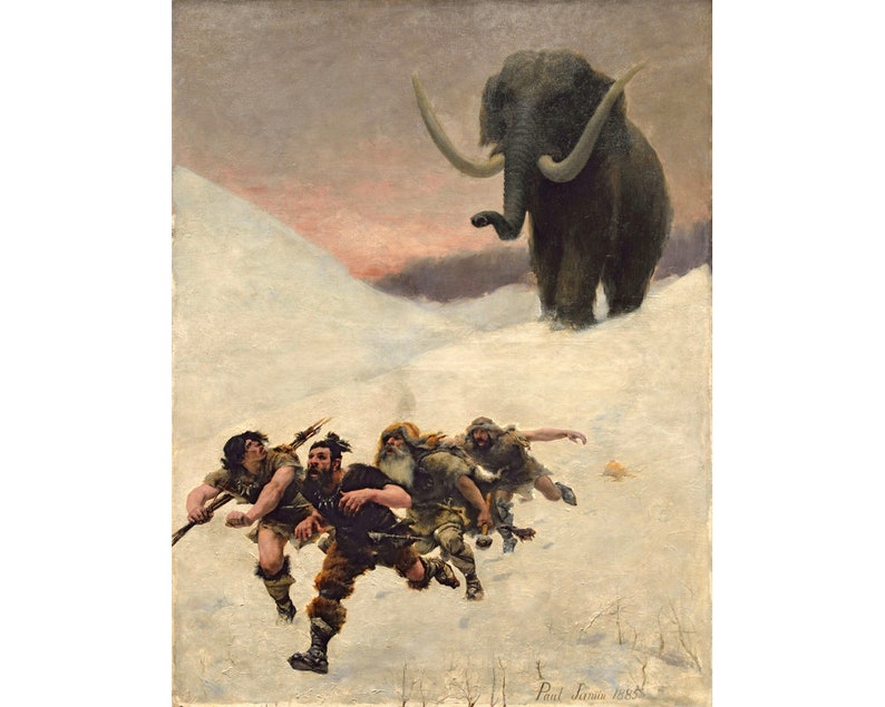 Cavemen and Woolly Mammoth Art Print, Vintage Woolly Mammoth Painting ...