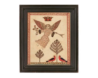 Folk art angel fraktur painting art print, Antique Early American wall art, Primitive Americana home decor, Red birds, Trees, 19th century