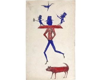 Bill Traylor print, Man with Yoke, Modern art painting, Vintage primitive folk drawing, Americana, Animals and people, Blue man, Red dog